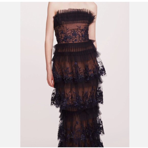 MARCHESA Tiered Terrarium Column Gown In Midnight - Picture 2 of 12